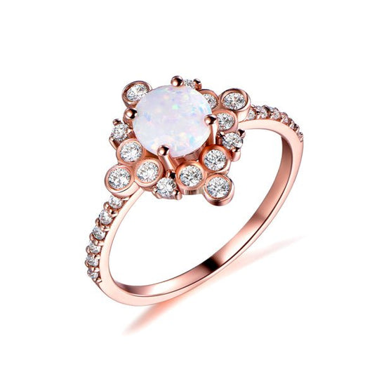 Round Africal Opal Vintage Bezel Diamond Halo Rose Gold Ring