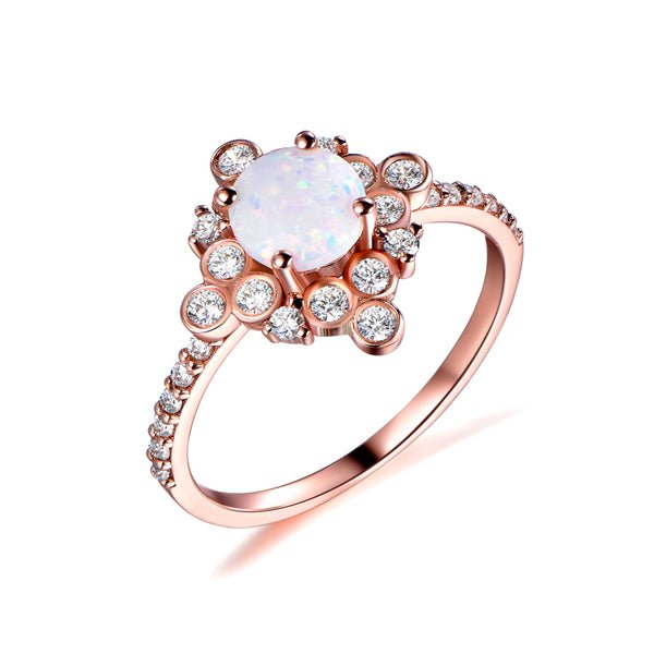 Round Africal Opal Vintage Bezel Diamond Halo Rose Gold Ring - Lord of Gem Rings