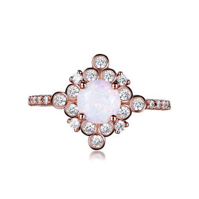 Round Africal Opal Vintage Bezel Diamond Halo Rose Gold Ring - Lord of Gem Rings