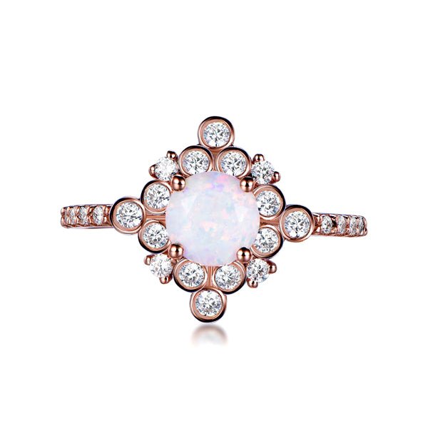 Round Africal Opal Vintage Bezel Diamond Halo Rose Gold Ring - Lord of Gem Rings