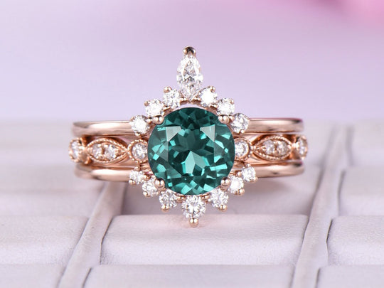 Round Alexandrite Contour Moissanite Bridal Trio Set 14K Rose Gold