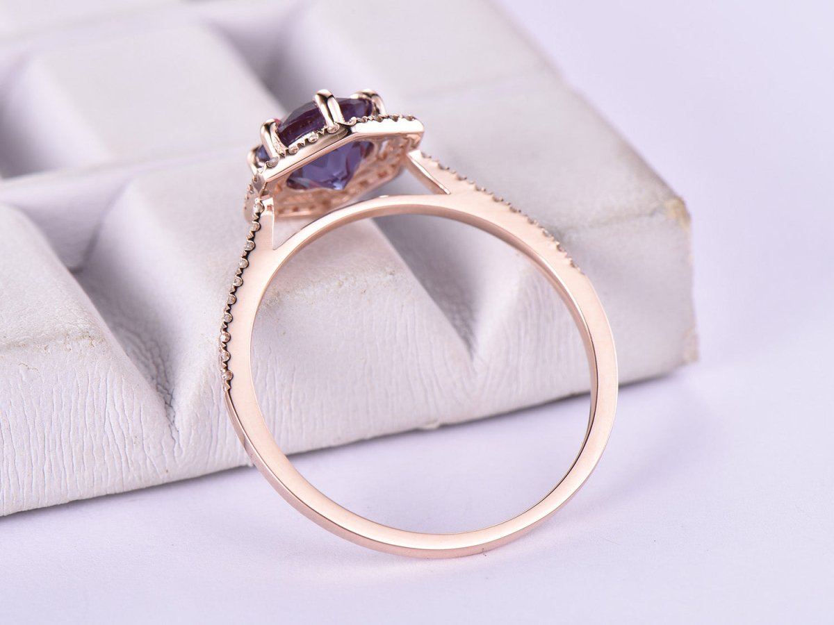 Round Alexandrite Diamond Hexagon Halo Engagement Ring - Lord of Gem Rings