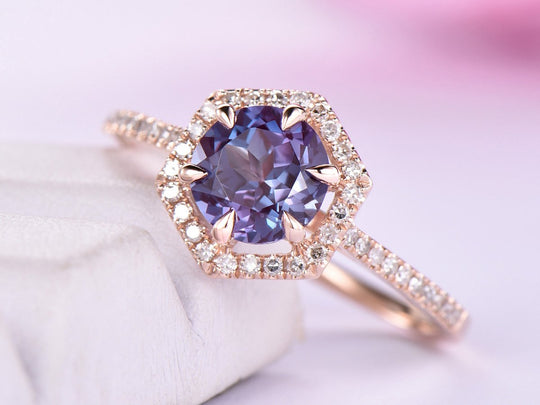 Round Alexandrite Diamond Hexagon Halo Engagement Ring