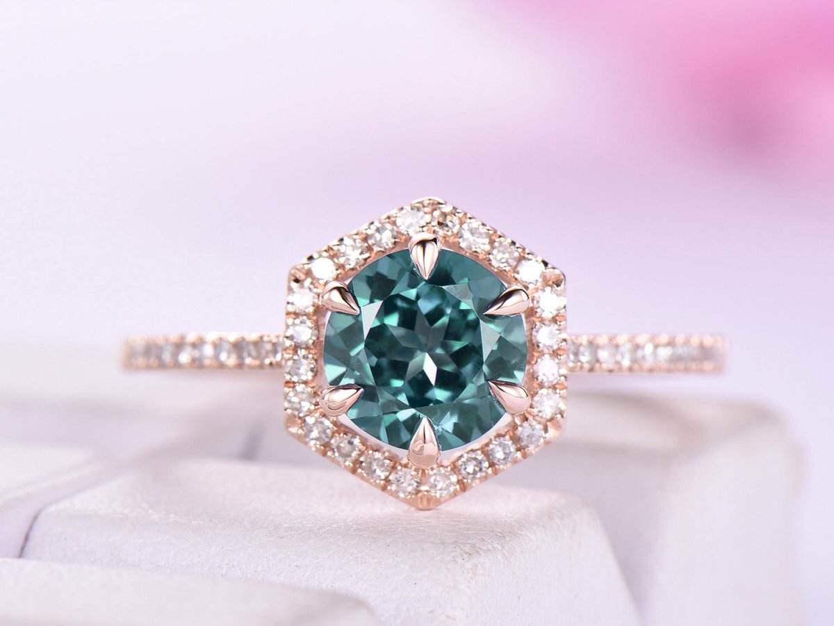 Round Alexandrite Diamond Hexagon Halo Engagement Ring - Lord of Gem Rings
