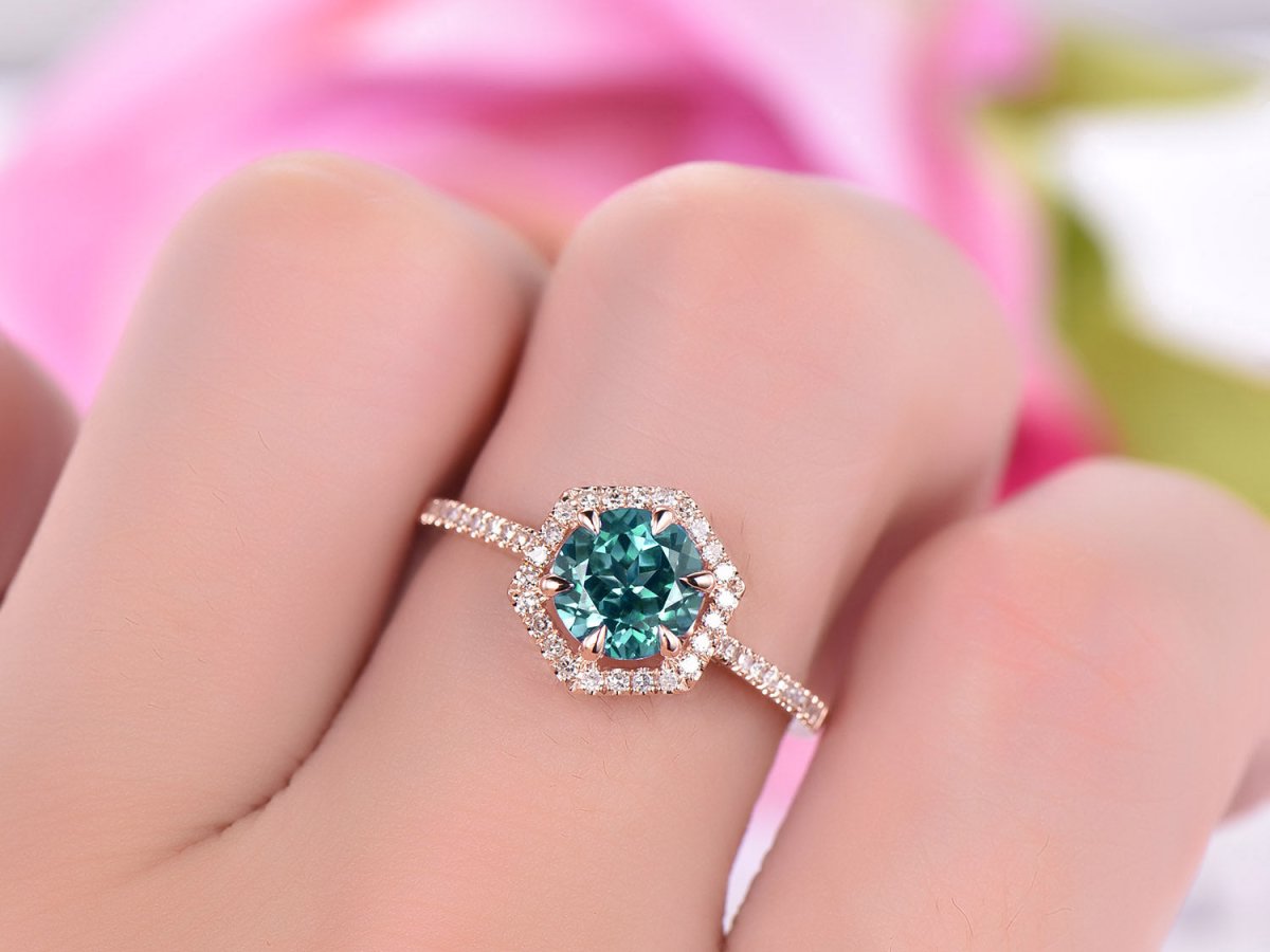 Round Alexandrite Diamond Hexagon Halo Engagement Ring - Lord of Gem Rings