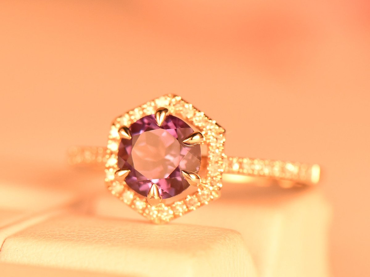 Round Alexandrite Diamond Hexagon Halo Engagement Ring - Lord of Gem Rings