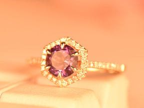 Round Alexandrite Diamond Hexagon Halo Engagement Ring - Lord of Gem Rings