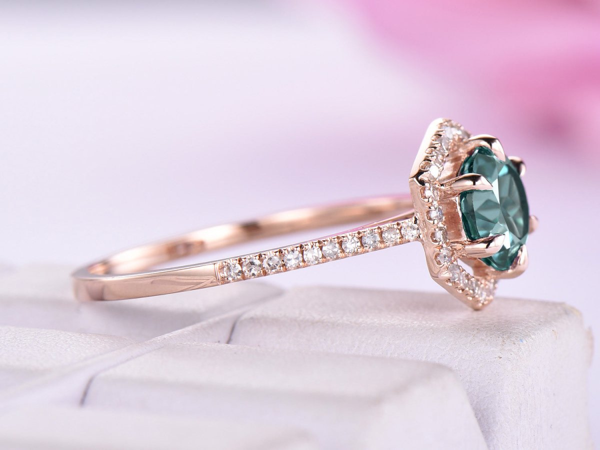Round Alexandrite Diamond Hexagon Halo Engagement Ring - Lord of Gem Rings