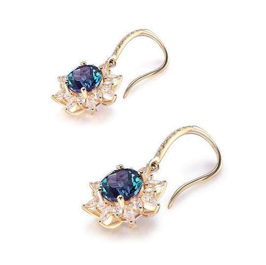 Round Alexandrite Marquise Moissanite Hook Earrings 14K Gold