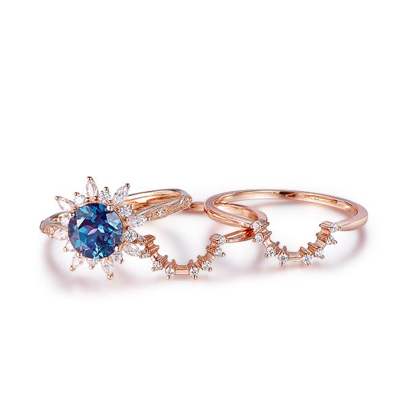 Round Alexandrite Marquise Moissanite Trio Bridal Set 14K Rose Gold - Lord of Gem Rings