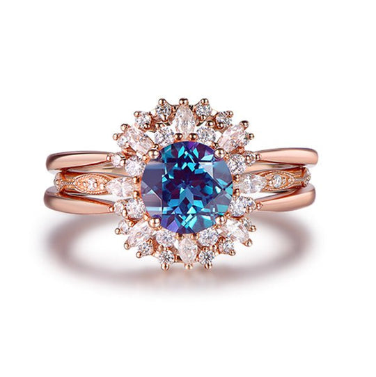 Round Alexandrite Marquise Moissanite Trio Bridal Set 14K Rose Gold