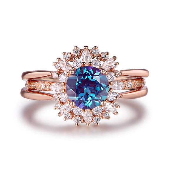 Round Alexandrite Marquise Moissanite Trio Bridal Set 14K Rose Gold - Lord of Gem Rings