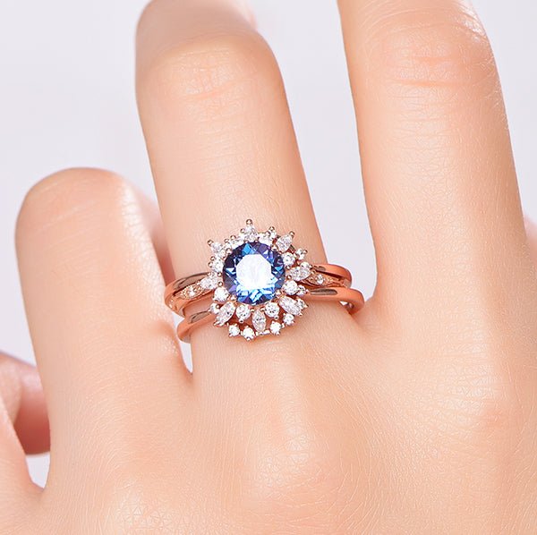 Round Alexandrite Marquise Moissanite Trio Bridal Set 14K Rose Gold - Lord of Gem Rings