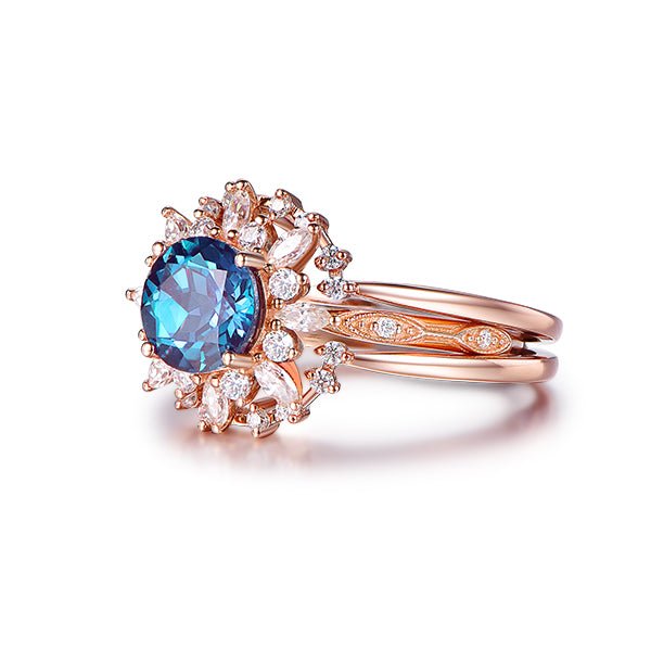 Round Alexandrite Marquise Moissanite Trio Bridal Set 14K Rose Gold - Lord of Gem Rings