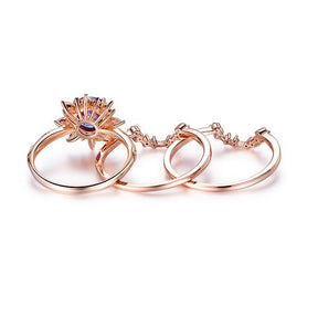 Round Alexandrite Marquise Moissanite Trio Bridal Set 14K Rose Gold - Lord of Gem Rings