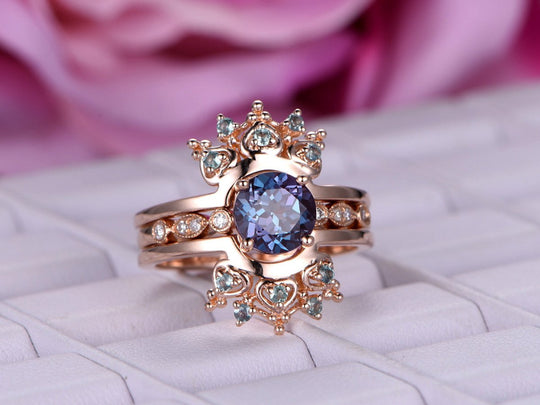 Round Alexandrite Tiara Enhancer Bridal Set 14K Rose Gold