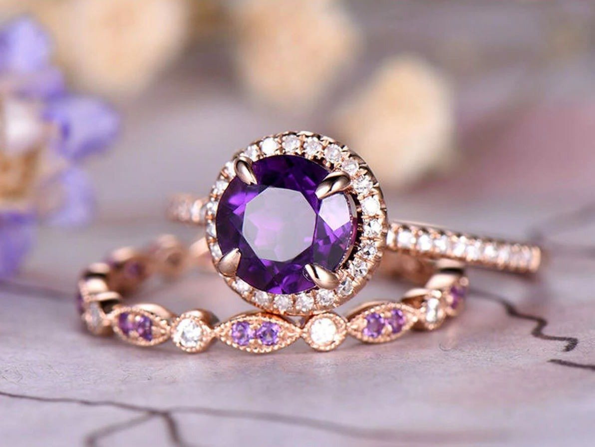 Round Amethyst Diamond Art Deco Bridal Set 14K Rose Gold - Lord of Gem Rings