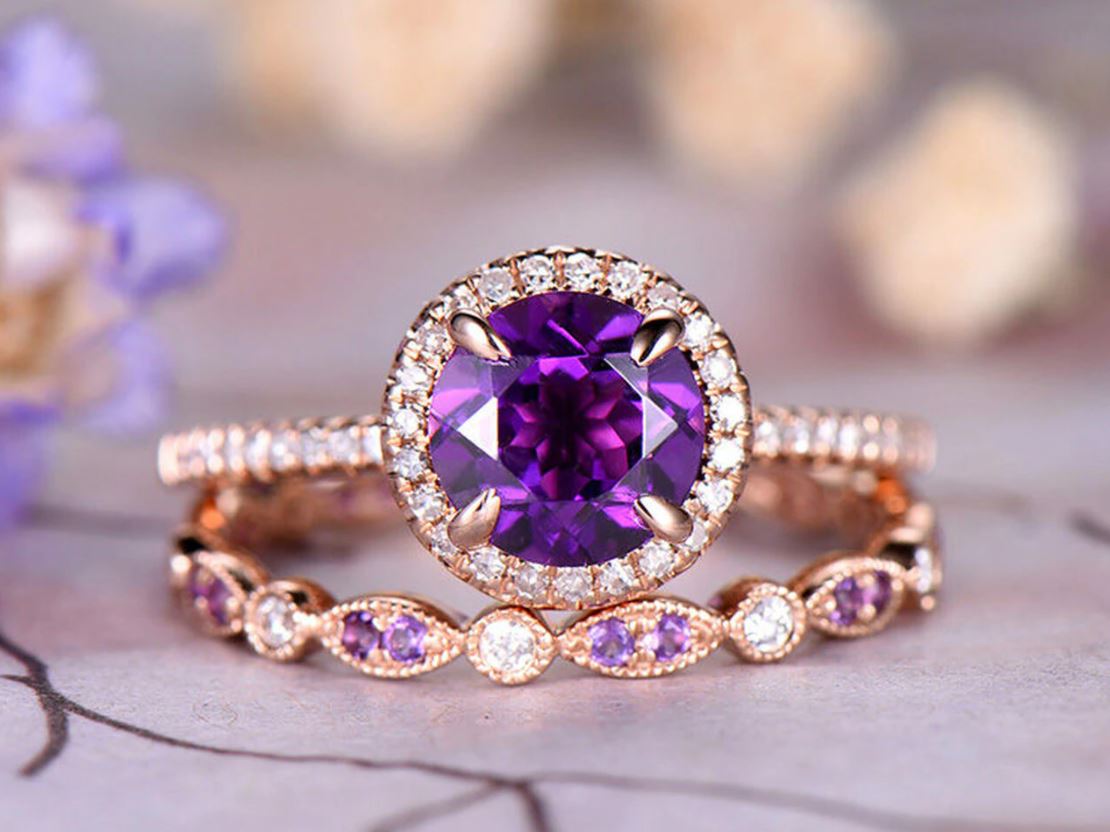 Round Amethyst Diamond Art Deco Bridal Set 14K Rose Gold - Lord of Gem Rings