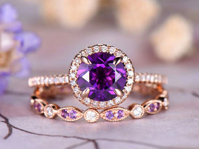 Round Amethyst Diamond Art Deco Bridal Set 14K Rose Gold - Lord of Gem Rings