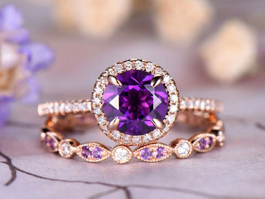 Round Amethyst Diamond Art Deco Bridal Set 14K Rose Gold