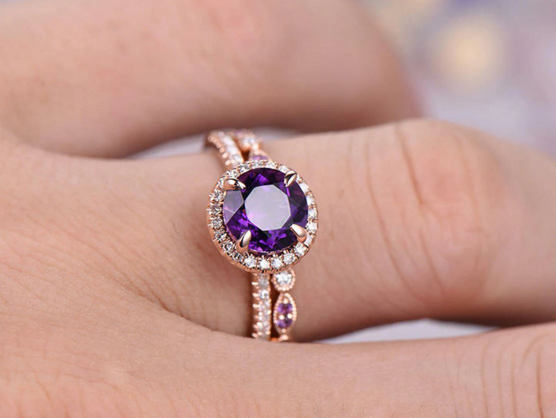 Round Amethyst Diamond Art Deco Bridal Set 14K Rose Gold - Lord of Gem Rings