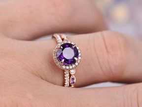 Round Amethyst Diamond Art Deco Bridal Set 14K Rose Gold - Lord of Gem Rings