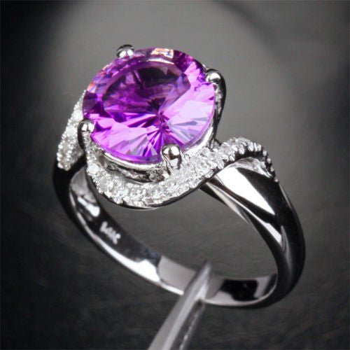 Round Amethyst Diamond Bypass Ring 14k White Gold - Lord of Gem Rings