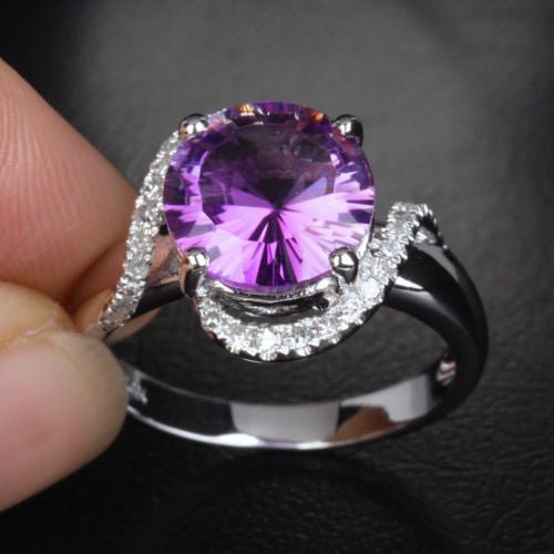 Round Amethyst Diamond Bypass Ring 14k White Gold - Lord of Gem Rings
