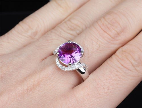 Round Amethyst Diamond Bypass Ring 14k White Gold - Lord of Gem Rings