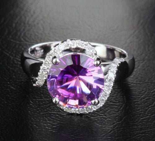 Round Amethyst Diamond Bypass Ring 14k White Gold - Lord of Gem Rings