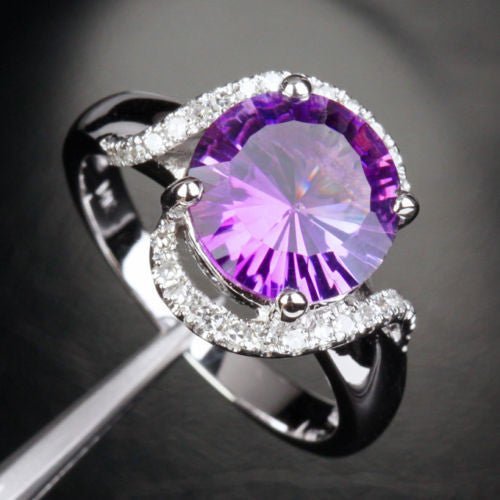 Round Amethyst Diamond Bypass Ring 14k White Gold