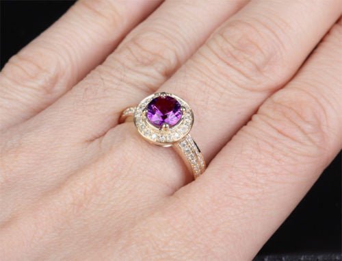 Round Amethyst Double Row Diamond Shank Ring 14K Yellow Gold - Lord of Gem Rings