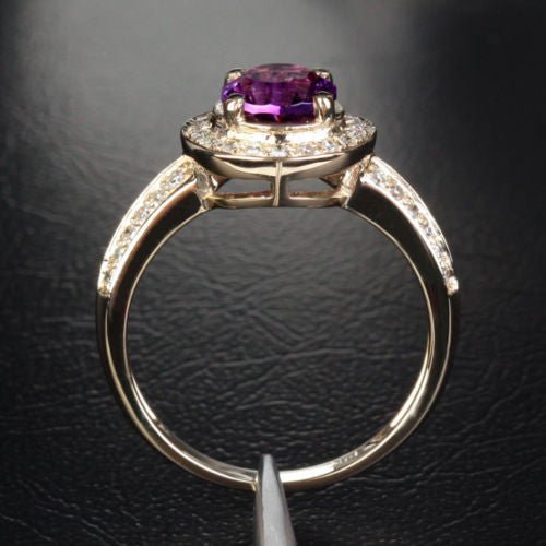 Round Amethyst Double Row Diamond Shank Ring 14K Yellow Gold - Lord of Gem Rings