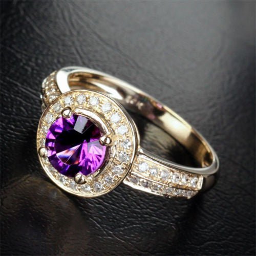 Round Amethyst Double Row Diamond Shank Ring 14K Yellow Gold - Lord of Gem Rings