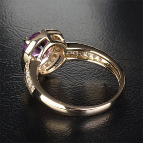 Round Amethyst Double Row Diamond Shank Ring 14K Yellow Gold - Lord of Gem Rings