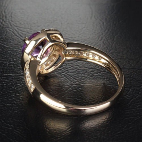 Round Amethyst Double Row Diamond Shank Ring 14K Yellow Gold - Lord of Gem Rings