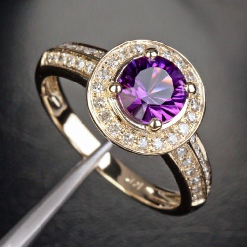 Round Amethyst Double Row Diamond Shank Ring 14K Yellow Gold - Lord of Gem Rings