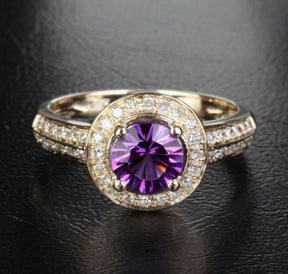 Round Amethyst Double Row Diamond Shank Ring 14K Yellow Gold - Lord of Gem Rings