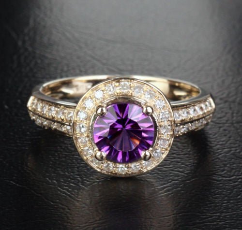 Round Amethyst Double Row Diamond Shank Ring 14K Yellow Gold - Lord of Gem Rings
