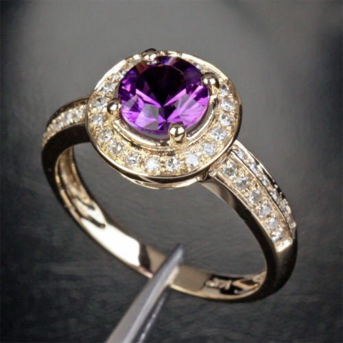Round Amethyst Double Row Diamond Shank Ring 14K Yellow Gold - Lord of Gem Rings