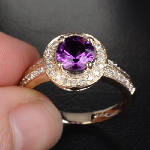 Round Amethyst Double Row Diamond Shank Ring 14K Yellow Gold - Lord of Gem Rings