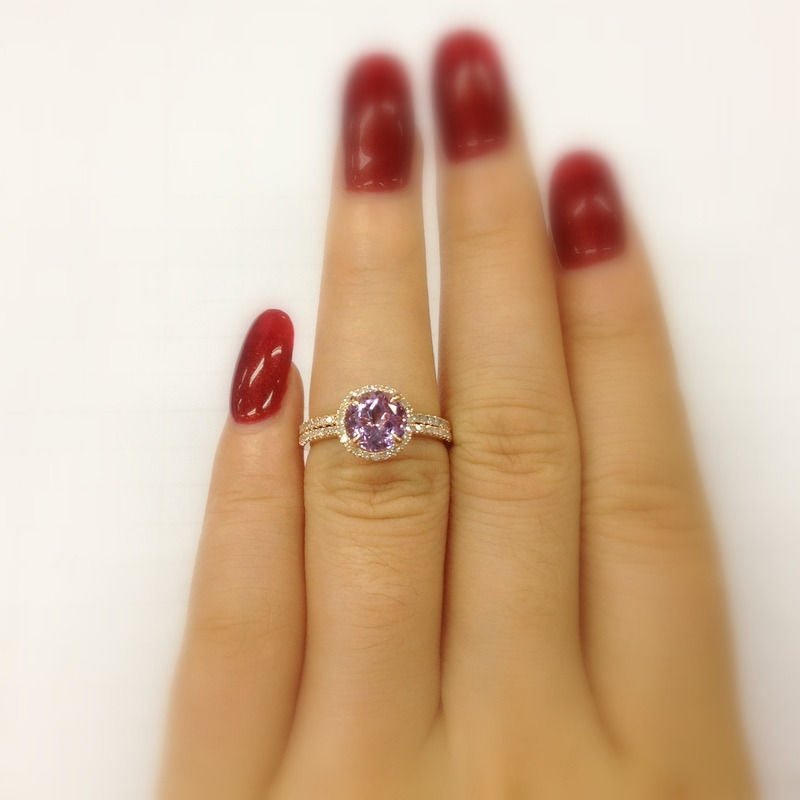 Round Amethyst Engagement Ring Diamond Wedding Bridal Set - Lord of Gem Rings