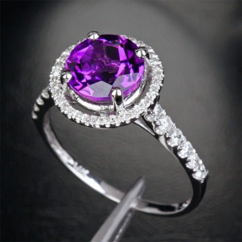 Round Amethyst Halo Ring with Diamond Hidden Accents - Lord of Gem Rings