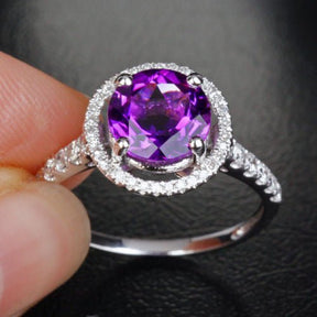 Round Amethyst Halo Ring with Diamond Hidden Accents - Lord of Gem Rings