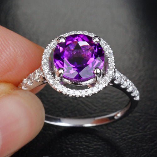 Round Amethyst Halo Ring with Diamond Hidden Accents - Lord of Gem Rings