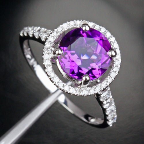 Round Amethyst Halo Ring with Diamond Hidden Accents - Lord of Gem Rings