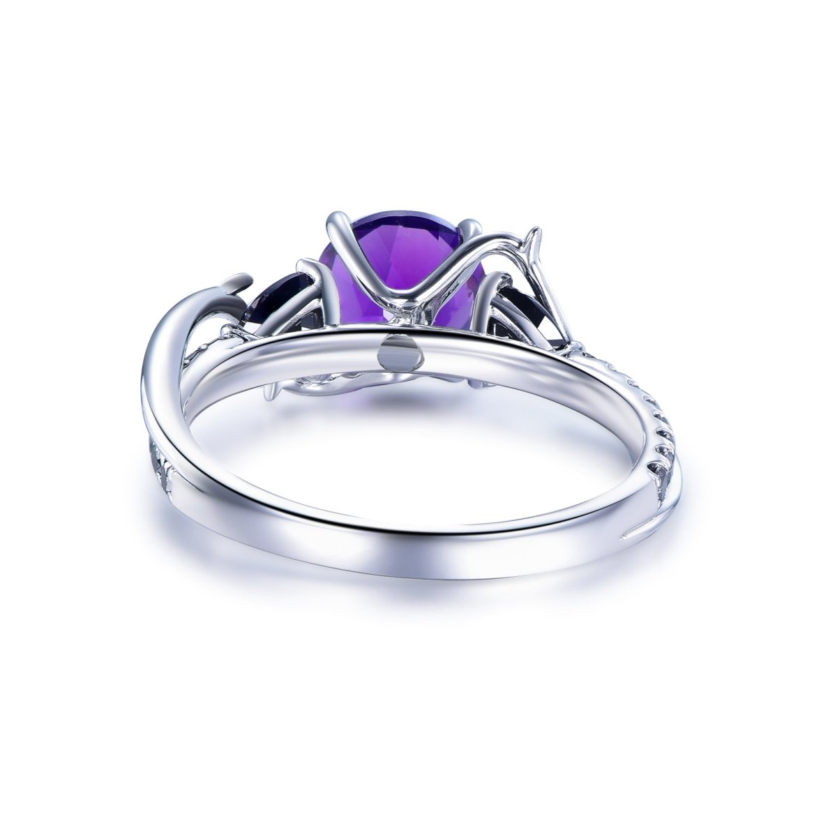 Round Amethyst Trillion Black Spinel Vine Ring 14K Gold - Lord of Gem Rings