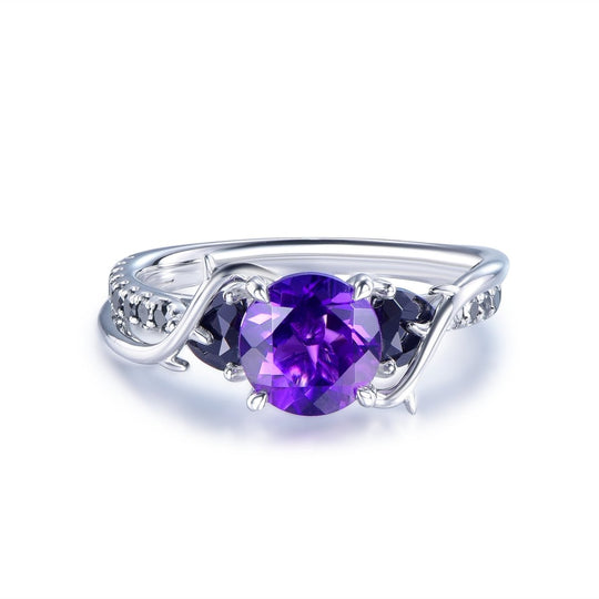 Round Amethyst Trillion Black Spinel Vine Ring 14K Gold