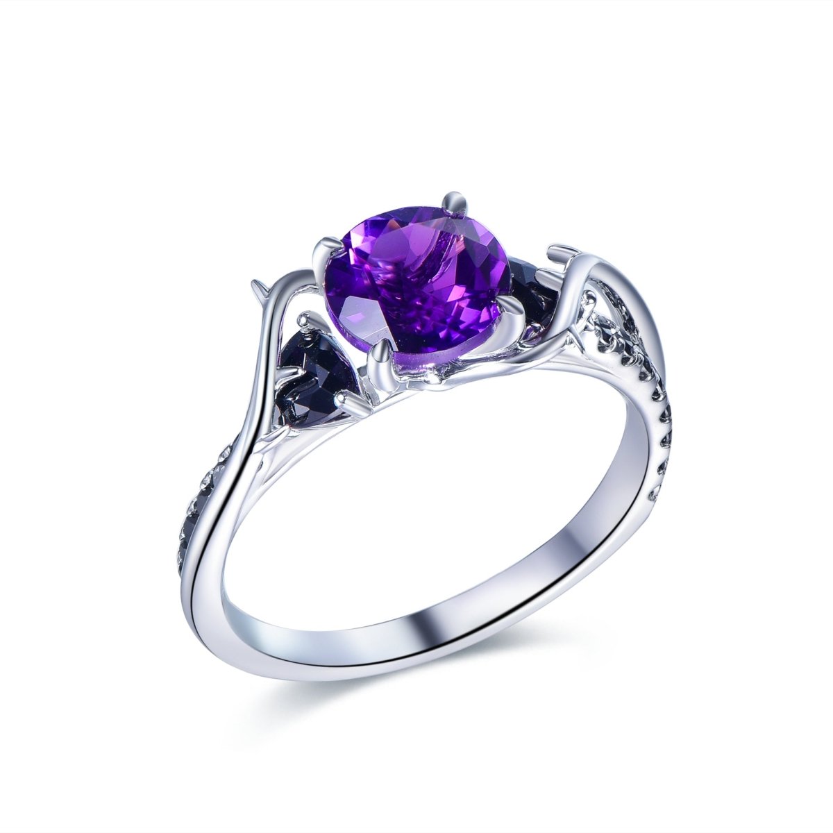 Round Amethyst Trillion Black Spinel Vine Ring 14K Gold - Lord of Gem Rings