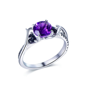 Round Amethyst Trillion Black Spinel Vine Ring 14K Gold - Lord of Gem Rings